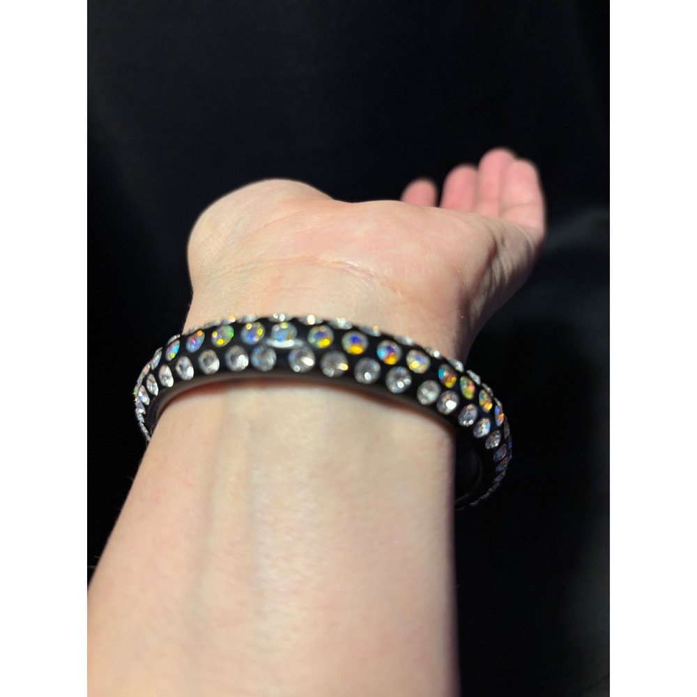 Black Bangle Bracelet with Clear and AB Rhinestones Triple Row Disco Style